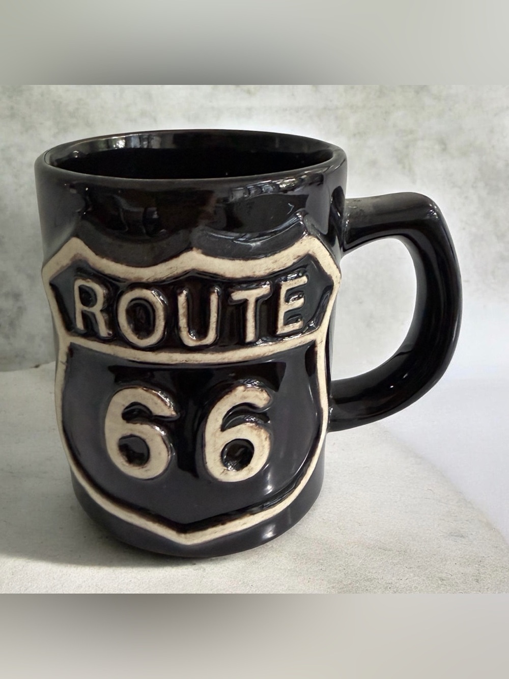 Route 66 Coffee Mug stoneware black Shield Logo 12 oz Vintage 90s